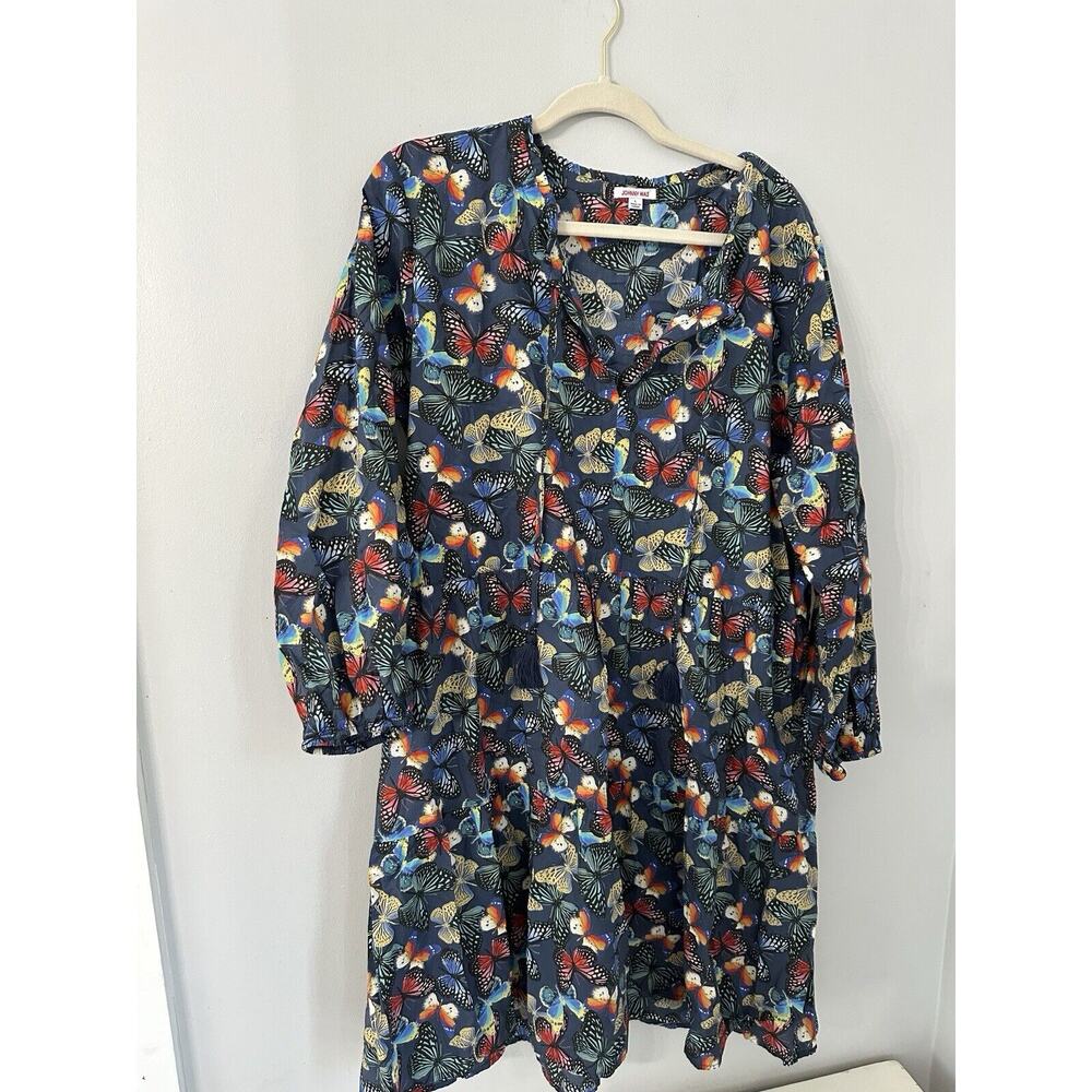 Johnny Was Dress Size L Butterfly Papillon Tiered Smock Tassel Cotton Boho Slip